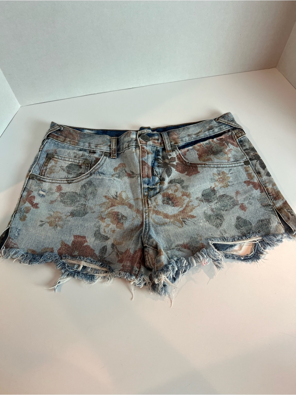 Free People Floral Distressed Denim Jean Shorts in Light Blue